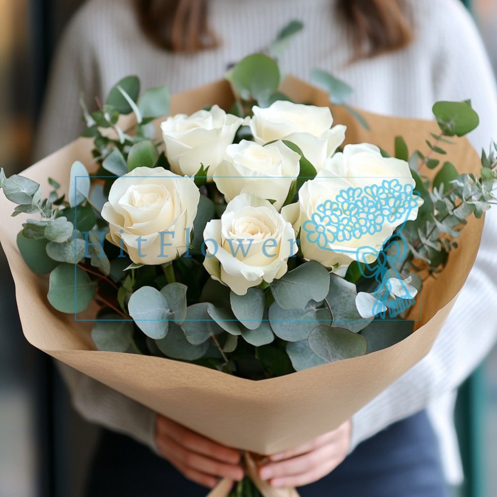 Букет 7 белых роз в эвкалипте Букет роз 7 белых роз в эвкалипте